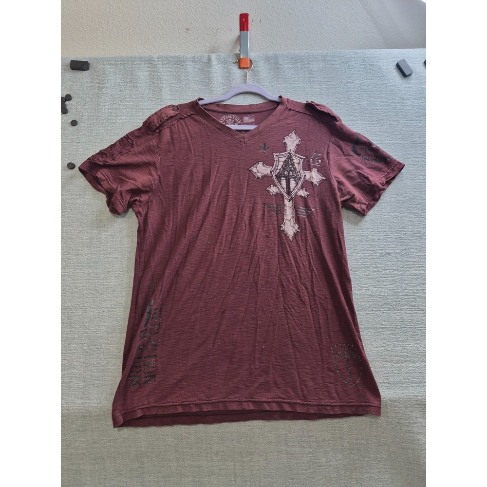 Affliction T-Shirt Mens Large Maroon Cross Wings Epaulettes Graphic V-Neck